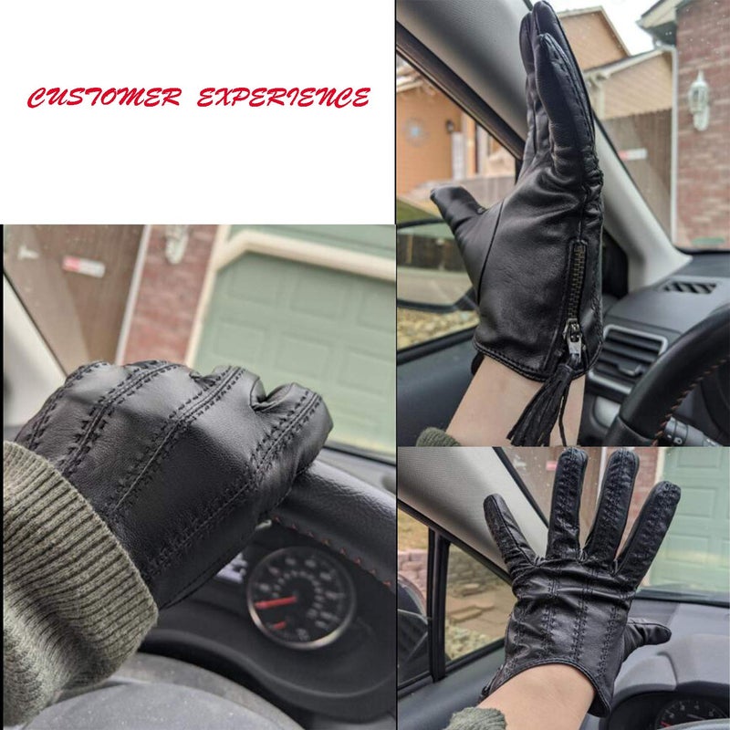 DooWay Short Black Touchscreen Real Leather Gloves, Imported Goatskin Leather Tassel Zipper Unique Pop Finger Gloves, size S - Image 5